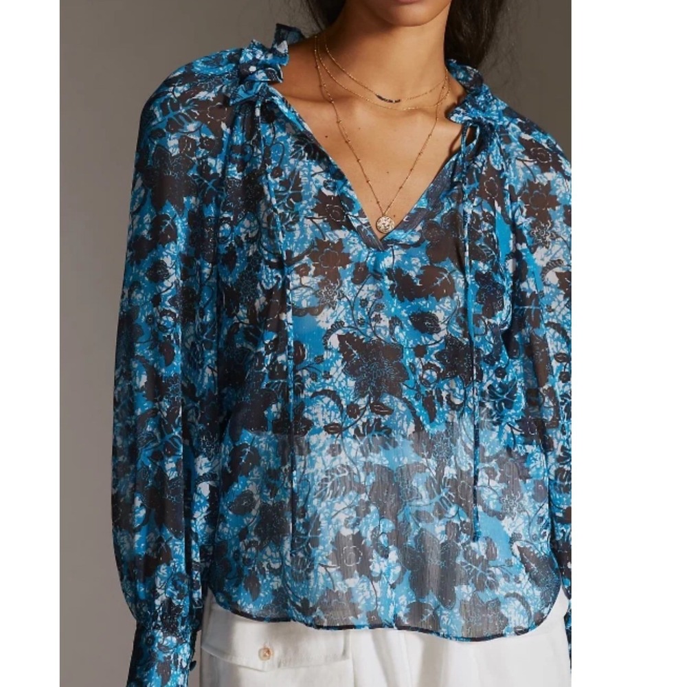 Anthropologie Size XL‎ SheerBlue Floral Sheer Boho Tie Neck Long Sleeve Blouse